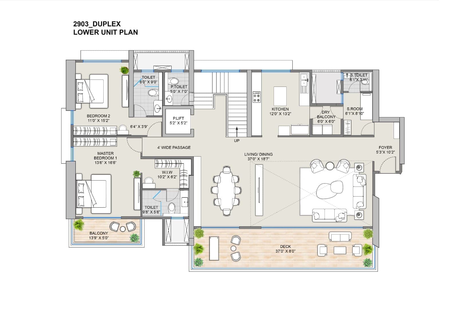 Architectural floor plan for a 3BHK apartment.